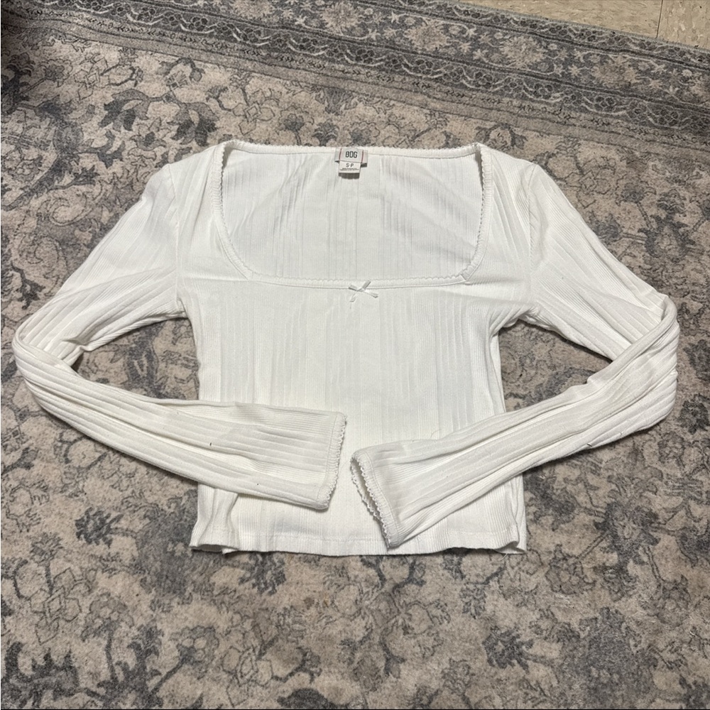4th of July Urban Outfitters White Ribbed Square Neck Long Sleeve Top
